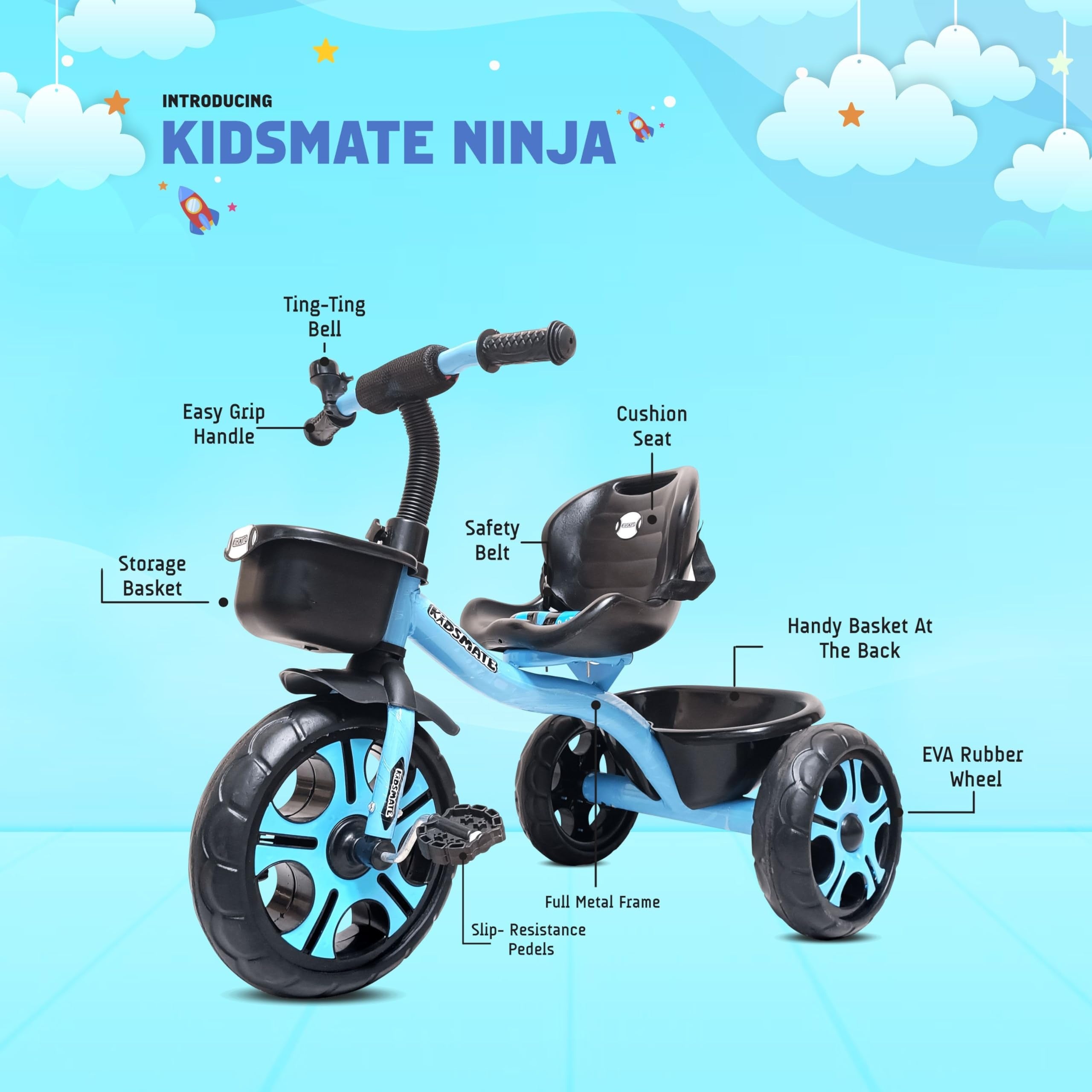 Kidsmate Ninja Plug N Play Durable Kids/Baby Tricycle Storage Basket Cushion Seat