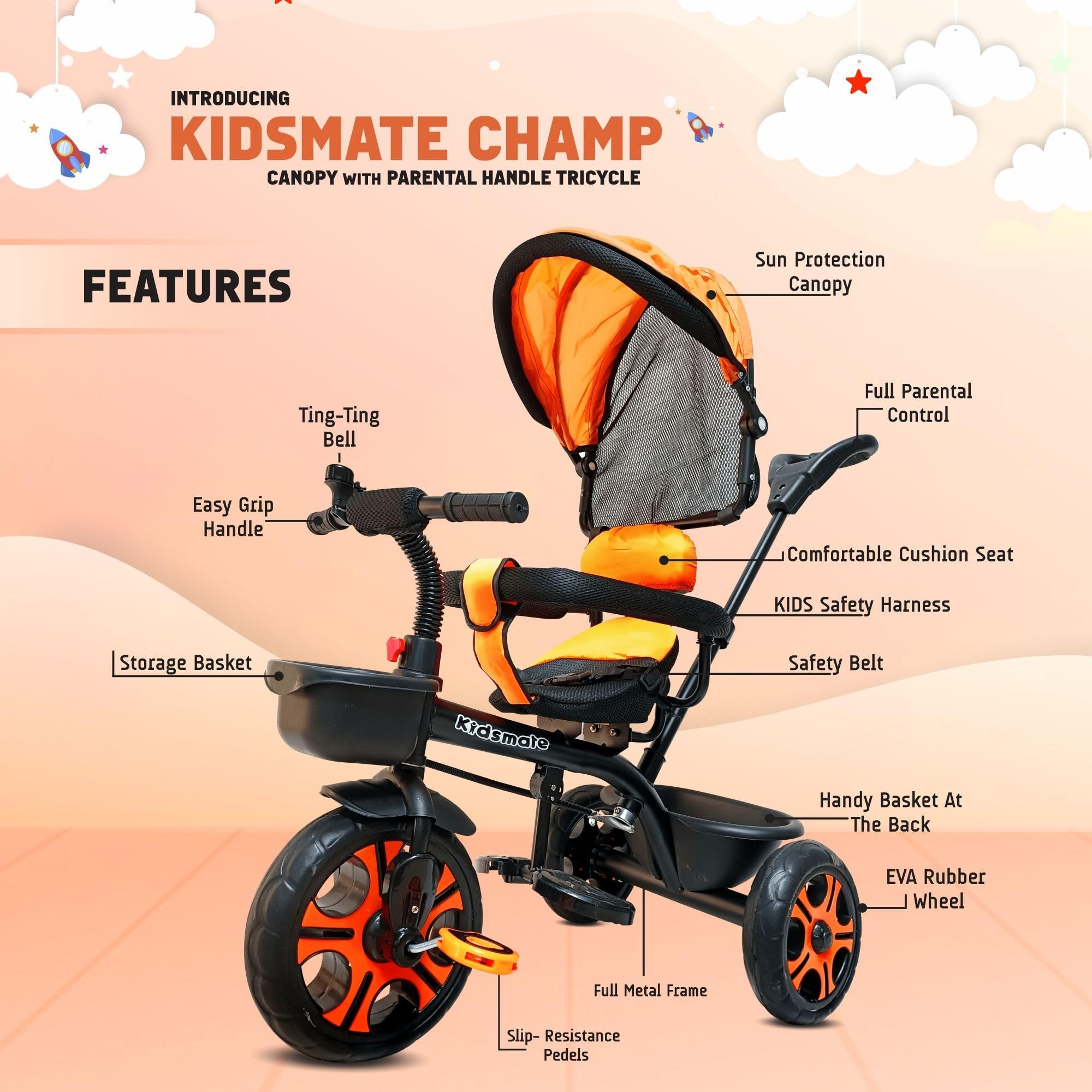 Kidsmate Champ Tricycle with Canopy Plug N Play